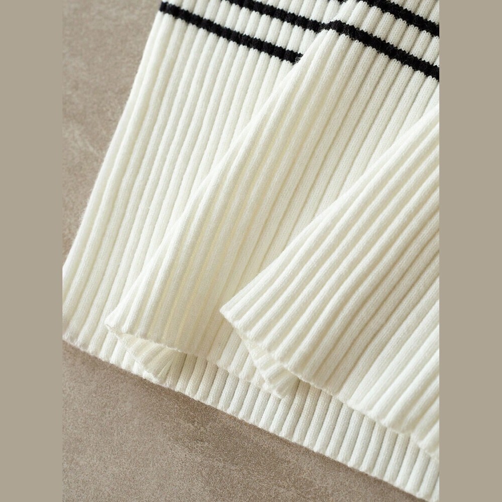 Cream Ribbed Knit Black Striped Crew Neck Sweater - Picture 8 of 8